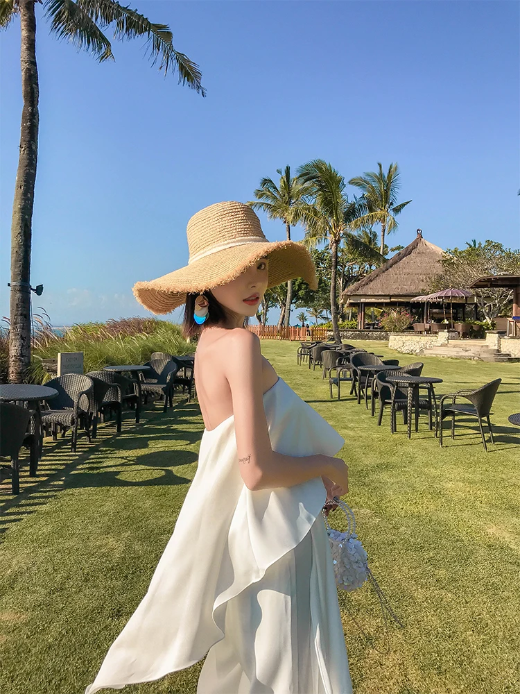 Комбинезон без бретелек Новинка лета 2020 пляжные праздничные белые длинные