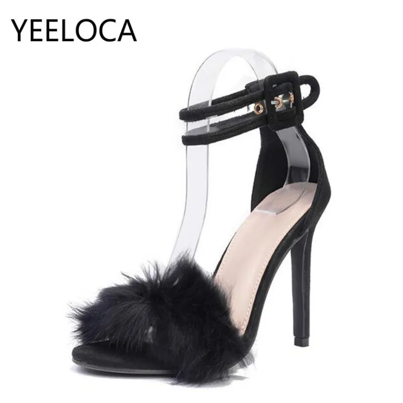 

Ankle Strap Heels Women Sandals Summer Shoes Women Open Toe Chunky High Heels Party Dress Sandals Rabbit Fur Big Size 43