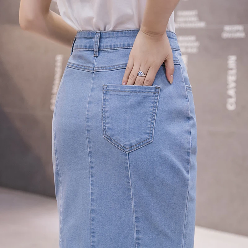 New 2021 Spring Summer Long Denim Skirt For Women High Waist Pockets Jean Mermaid Maxi Skirts Blue Faldas Largas Hot Sale images - 6