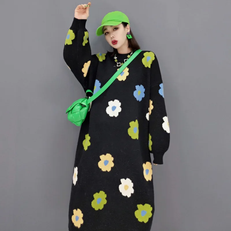 QING MO Fashion Printed Knitted Sweater Dress Women 2022 Spring Winter New Casual Pullover Over The Knee ZWL1509 | Женская одежда