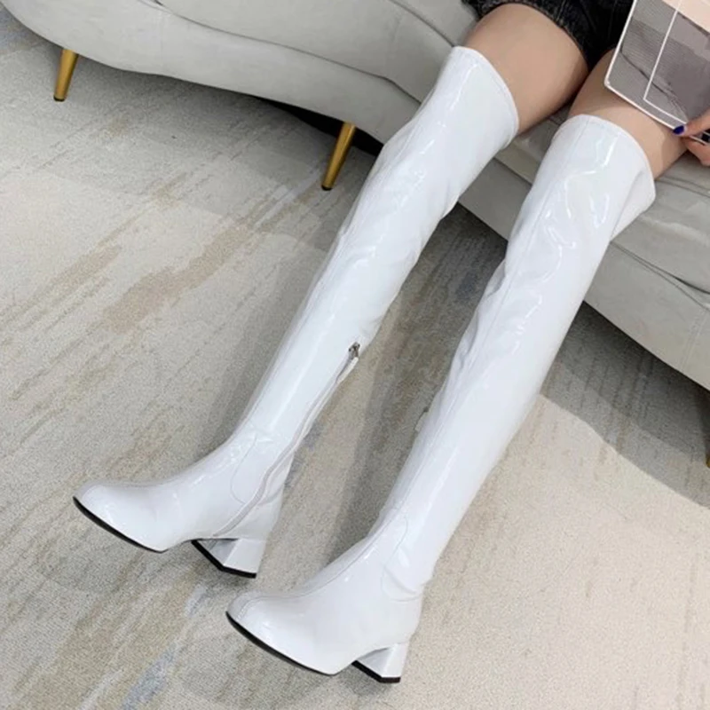 

High Quality Genuine Leather Stovepipe Pleated Decoration Beauty Superstar Square Toe Med Heels Stretch Over- The-Knee Boots