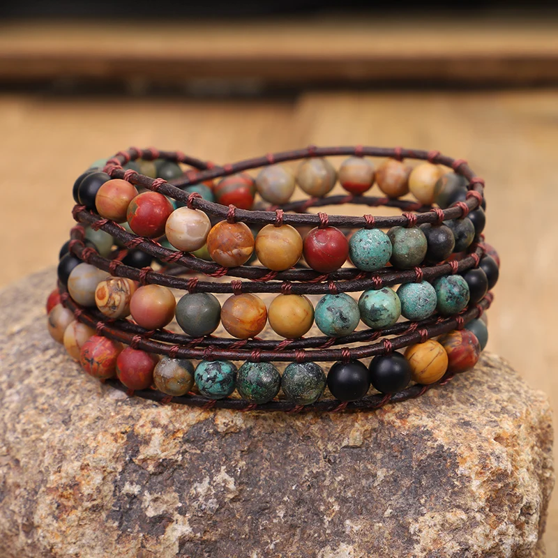 

Handmade Jewelry Vintage Leather Bracelets Women Matte Stone 3 Strands Wrap Bracelets Woven Multilayer Boho Bracelet Dropship