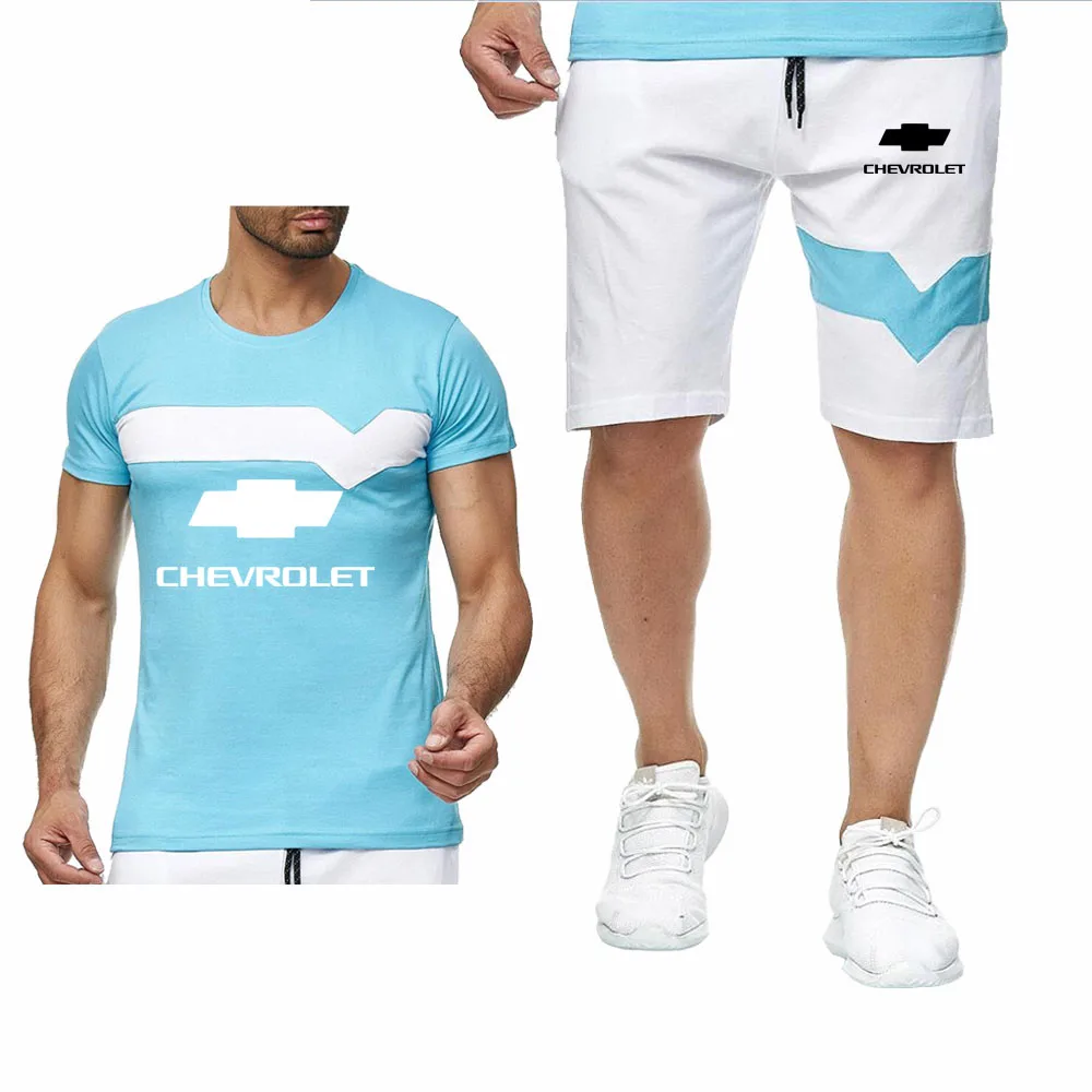 

Summer Mens Short sleeve Chevrolet Car Logo Casual T-Shirt Colorblock high quality Cotton Men T-shirt+shorts suit 2pcs