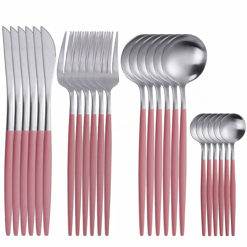 Sainless Steel Cutlery Silverware Dinner Set Matte Pink Silver Tableware 24Pcs Knives Forks Spoons Dinnerware Set Eco Friendly