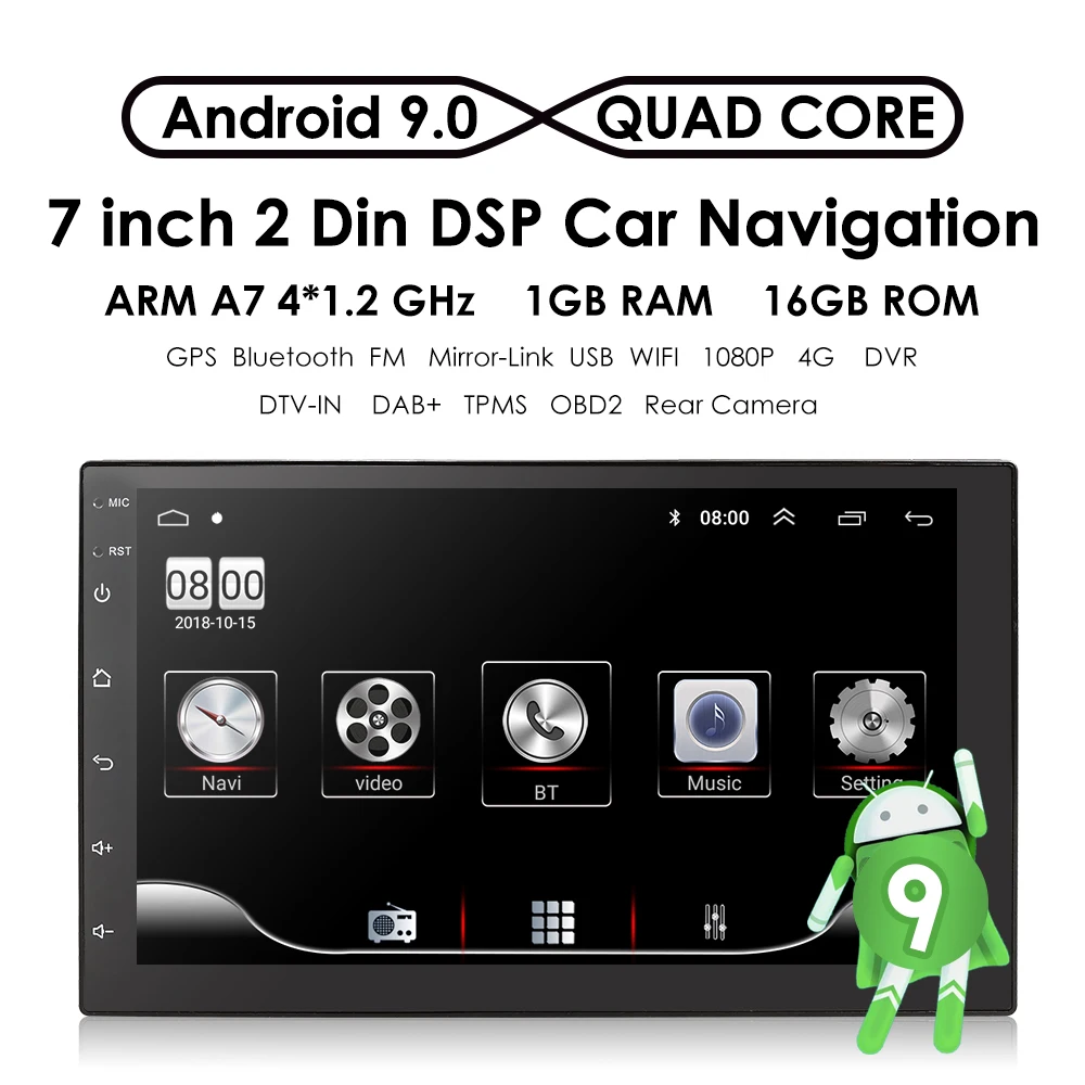 2 din Android 9,0 Автомобильная Аудиомагнитола четырехъядерный 7 дюймов Универсальный Автомобильный без dvd-плеера gps стереоголовка для Nssian DAB DVR ips BT