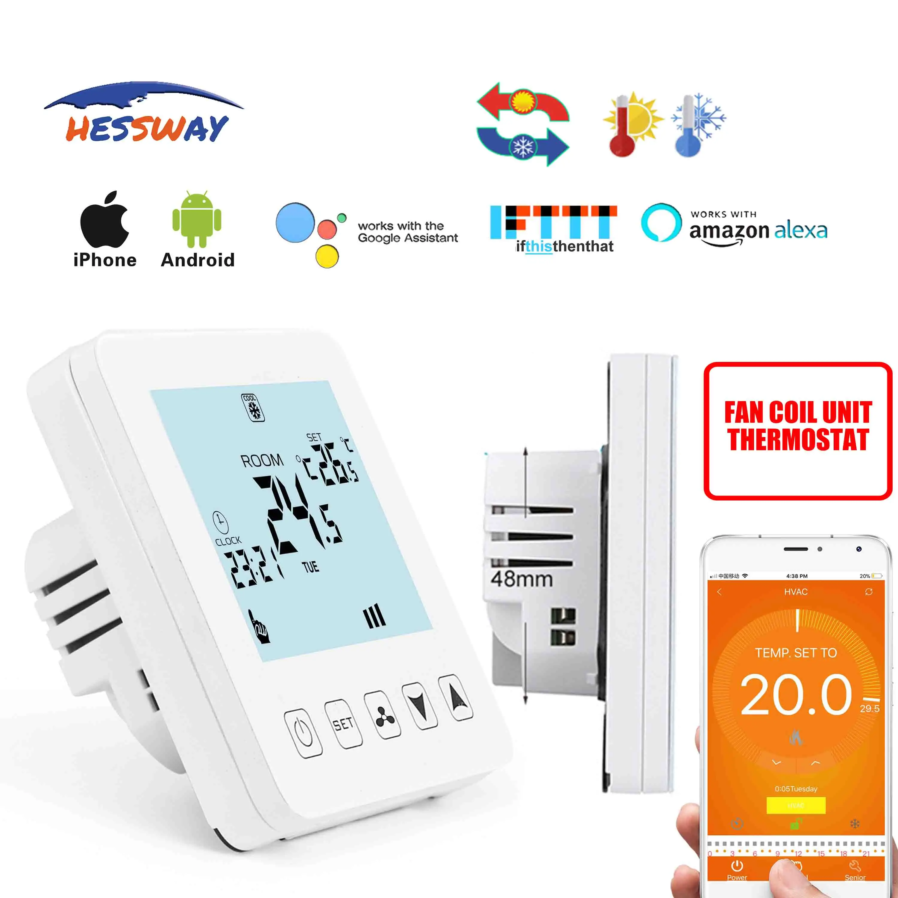 HESSWAY TUYA 4 трубный 2 вентилятор термостат wifi для регулирующего клапана Amazon Alexa и Google