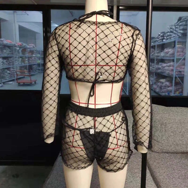 

4 In 1 Sequins Bikini Cover Up See Through Mesh Beachwear Women Shiny Swimsuit Sarong Long Sleeve Beach Dress Sexy Net Cover Ups