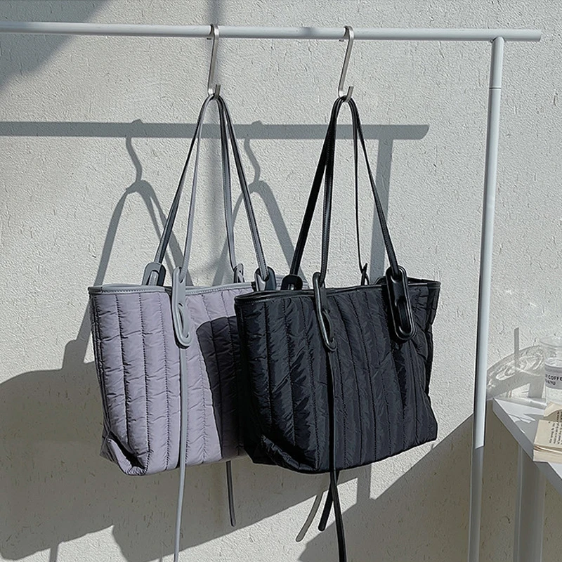 

Casual Quilted Space Padded Tote Bags for Women Shoulder Bags Down Cotton Handbags Nylon Large Capacity Female Big Purses 2021