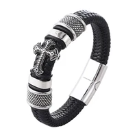 wholesale cross stainless steel men%e2%80%99s leather bracelet magnetic clasp for friend fashion jewelry gifts free shipping