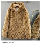 2021 autumn and winter windproof warmth printing imitation rabbit fur straw hooded jacket thickened warmth leisure trend