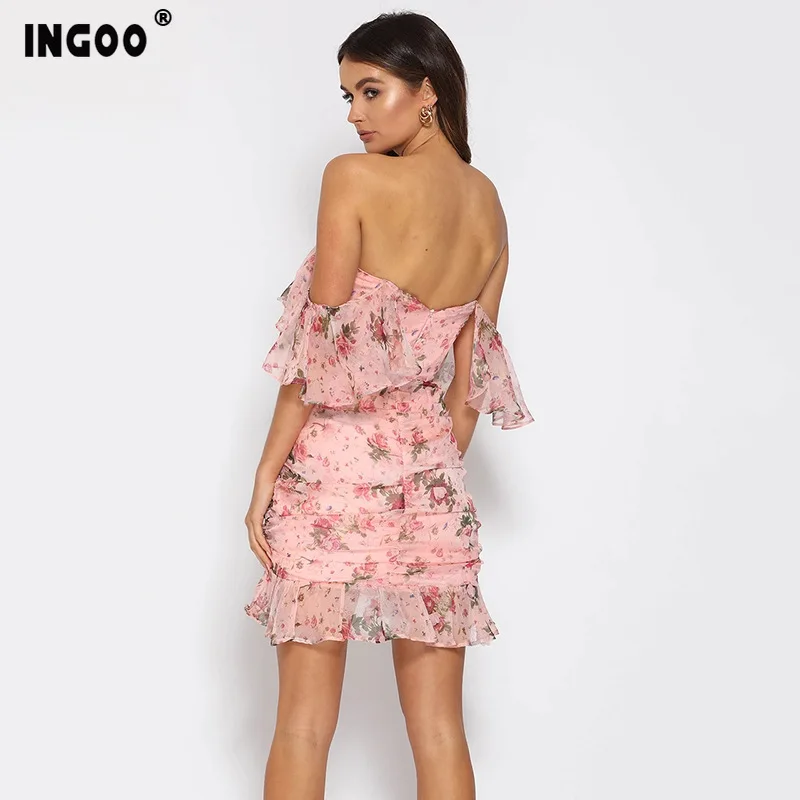 Женское короткое платье с оборками INGOO шифоновое облегающее вырезом лодочкой и