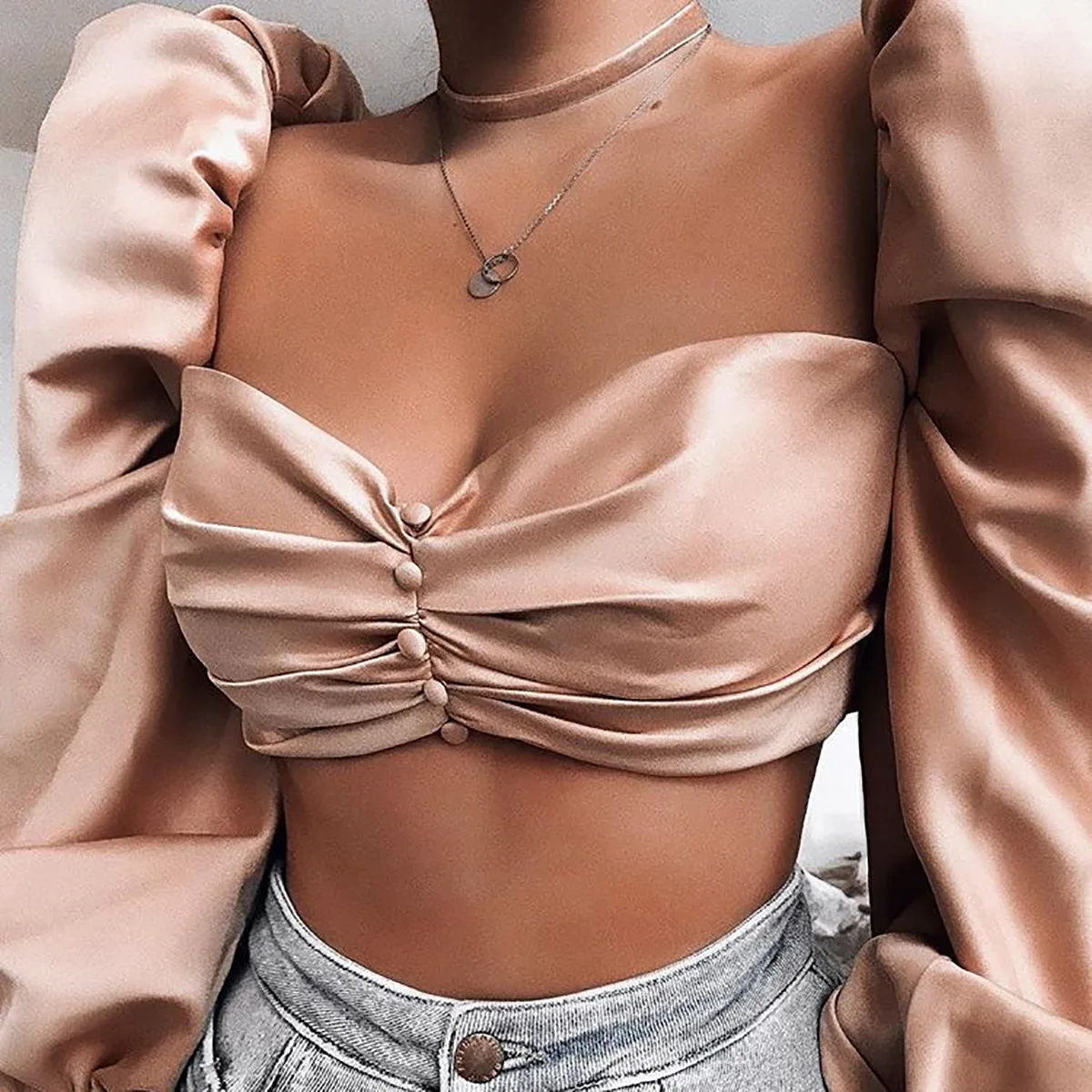 

European And American New Style Tops Sexy One-Neck Solid Color Chest-Wrapped Buttons Navel Slimming Ladies Long-Sleeved T-Shirt