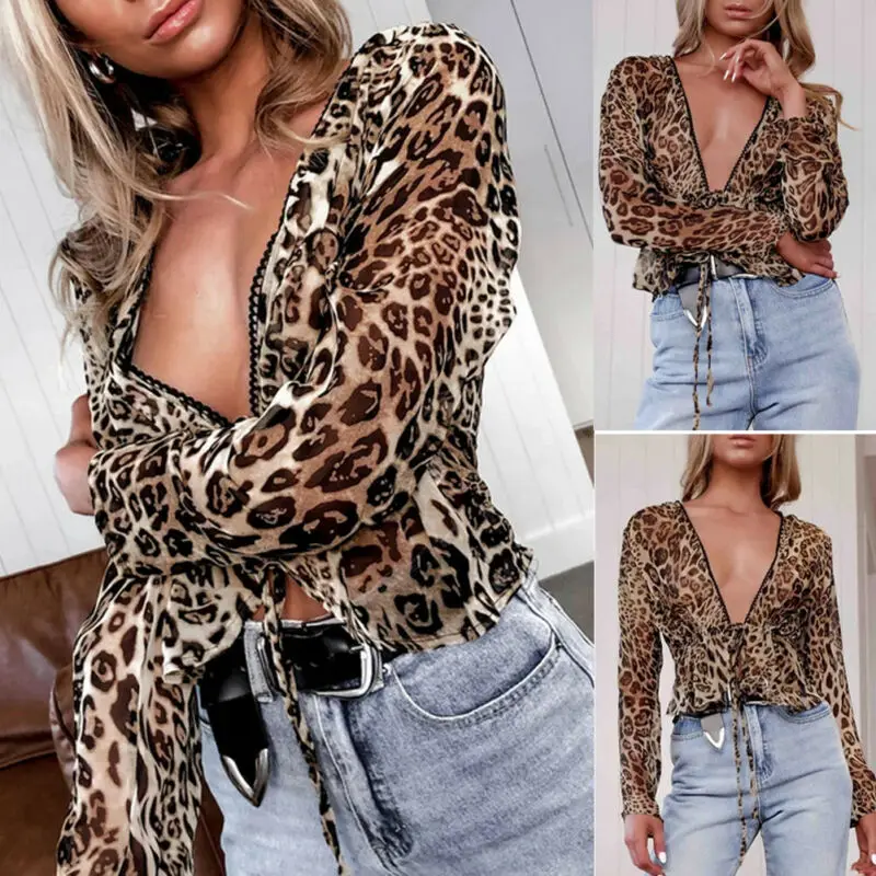 Женские леопардовые Топы с длинным рукавом тонкие прозрачные повседневные