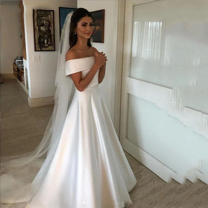 

Bateau Short Sleeves A-Line Wedding Dresses Simple Long Bridal Gowns 2020 Formal Long Women Vestidos De Marriage Plus Size