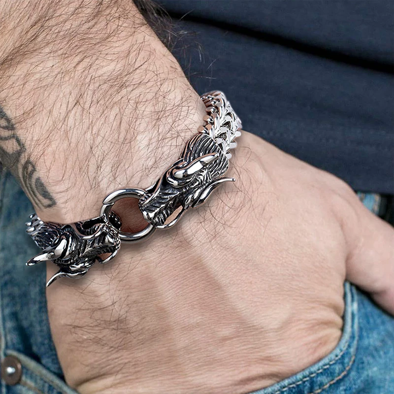 

personality Gothic Punk Dragon Heads Mens Bracelets Stainless Steel Link Chain Bracelet Rock Metal Men Naga Dragon Head Bracelet