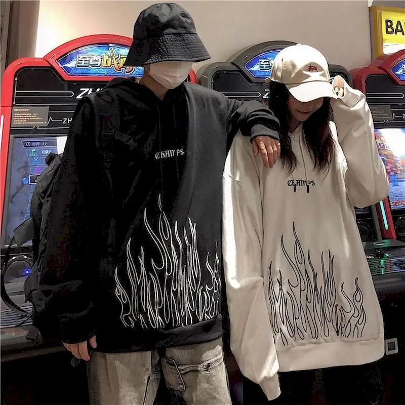 

Punk Goth Oversized Sweatshirt Hoodies Women Hoodie South Korea Retro Dark Flame Embroidery Pullover Hooded Trend Streetwear