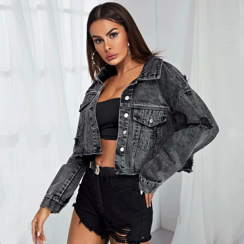 

Solid Colors Coat Vintage Raw-Edge Hole Denim Jacket Spring Autumn All-Match Coats Women Indie Street Fashion Casual Jean Jacket