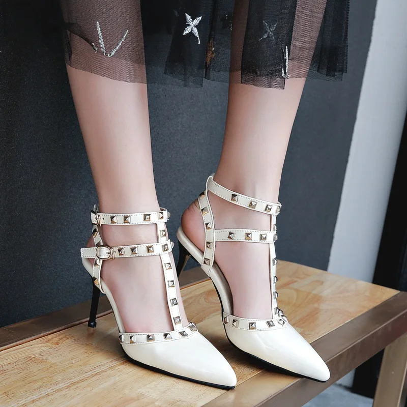 

designer luxry brand shoes women high heels sexy pumps pointed toe sandals roman rivets microfiber leather wedding party shoes