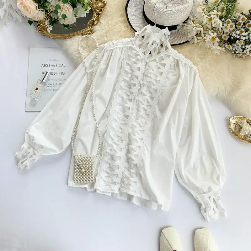 Women Autumn Blouse Shirts Tops 2019 sense small crowd hollow vertical collar lantern sleeve white super-fairy temperament top | Женская