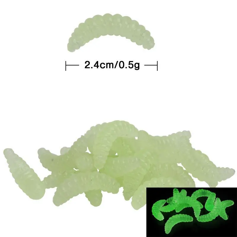 

50 шт., 2,4 см, 0,5 г, рекламная Мягкая приманка, личинка, личинка, мягкая рыболовная приманка, крючки, черви с запахом, Светящиеся креветки, приман...