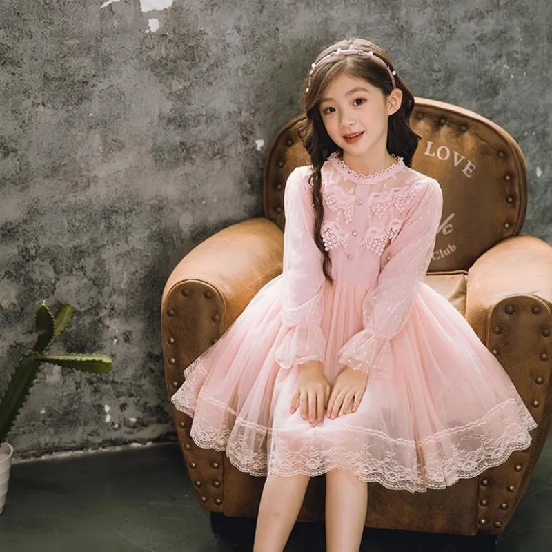 

DFXD Big Girls Princess Dress 2020 Spring Korean Long Sleeve Lace Mesh Ball Gown Girls Birthday Dress 3-10Yrs Children Clothes