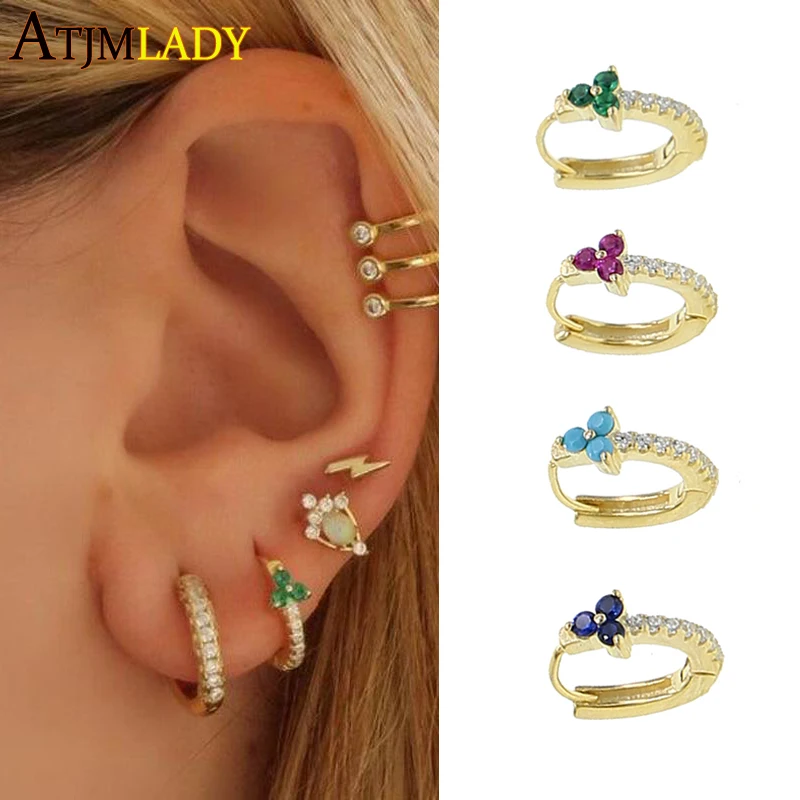 Женские серьги кольца из серебра 925 пробы с разноцветными фианитами|cz earrings