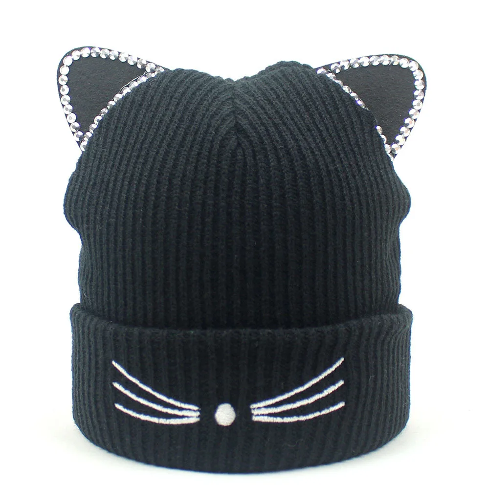 

Beanie Women Hat Winter Knit Cat Ears Rhinestones Hip Hop Brim Autumn Warm Outdoor Skiing Accessory For Teenagers
