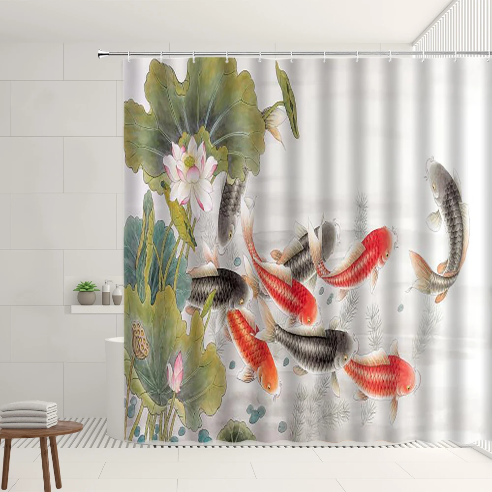 

Chinese Shower Curtain Set Goldfish Koi Pond Flower Plant Green Bamboo Leaf Lotus Dragonfly Home Bathroom Decor Screens Washable