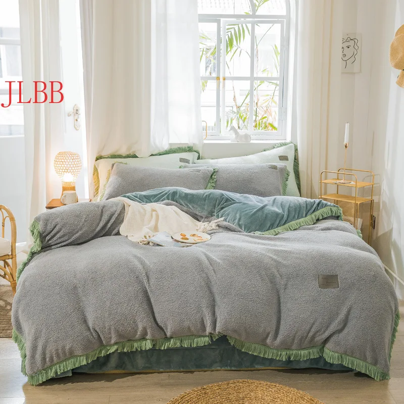 

New Cashmere Tassels bedding set thicken Flannel Fleece bed set Princess style Velvet duvet cover winter home linen set 3/ 4pcs