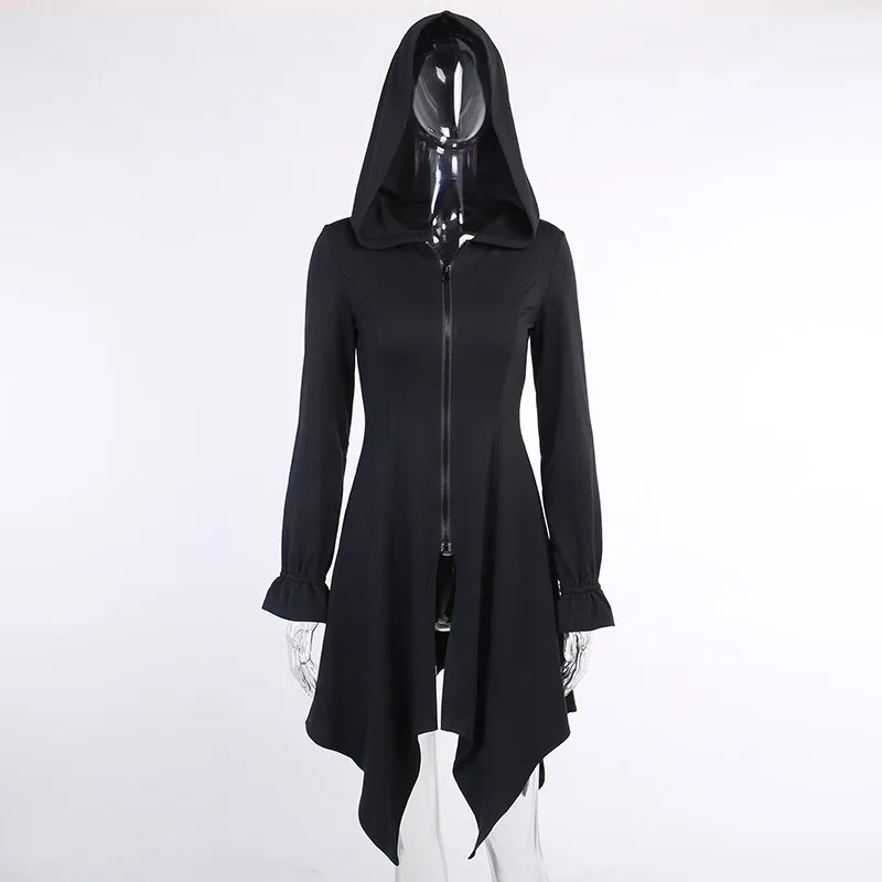

Vintage Gothic Women Dress Slim Solid Color Long Sleeve Irregular Dresses Fashion Hooded Autumn Winter Retro 2020 New Vestido