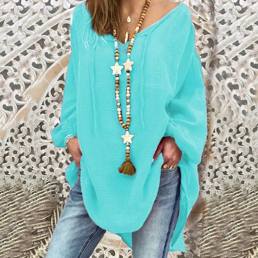 

Cotton Blend Womens Tops And Blouses Plus Size Long Sleeve Turn Down Collar Female Tunic Beach Shirts Casual Puff Sleeve V Neck