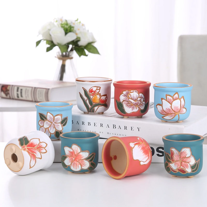 

Chinese Hand Painted Lotus Ceramic Succulent Thumb Flower Pot Simple Plant Potted Desktop Ornament Home Creative Gardening