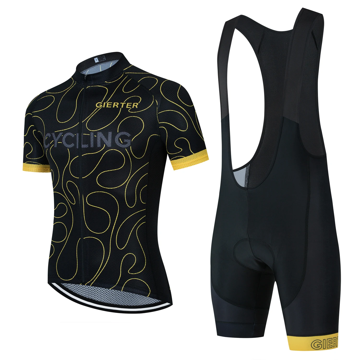 

Custom Logo Black Cycling Jersey Set With Breathable Stretch Bib Shorts Short Sleeve Reflective Stripe Pockets For Men MTB Race