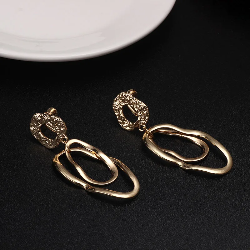 

Gold Drop Earrings Non Piercing Two Circle Dangle Gold Color Clip-On Earring Large For Women Boho Statement Accessories Jewelry