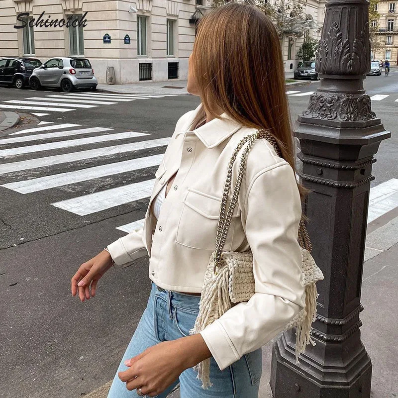 Schinotch Women Jacket PU Leather Coat Solid Color Long Sleeve Single Breasted Jacket Lady's Fashion Short Outwear