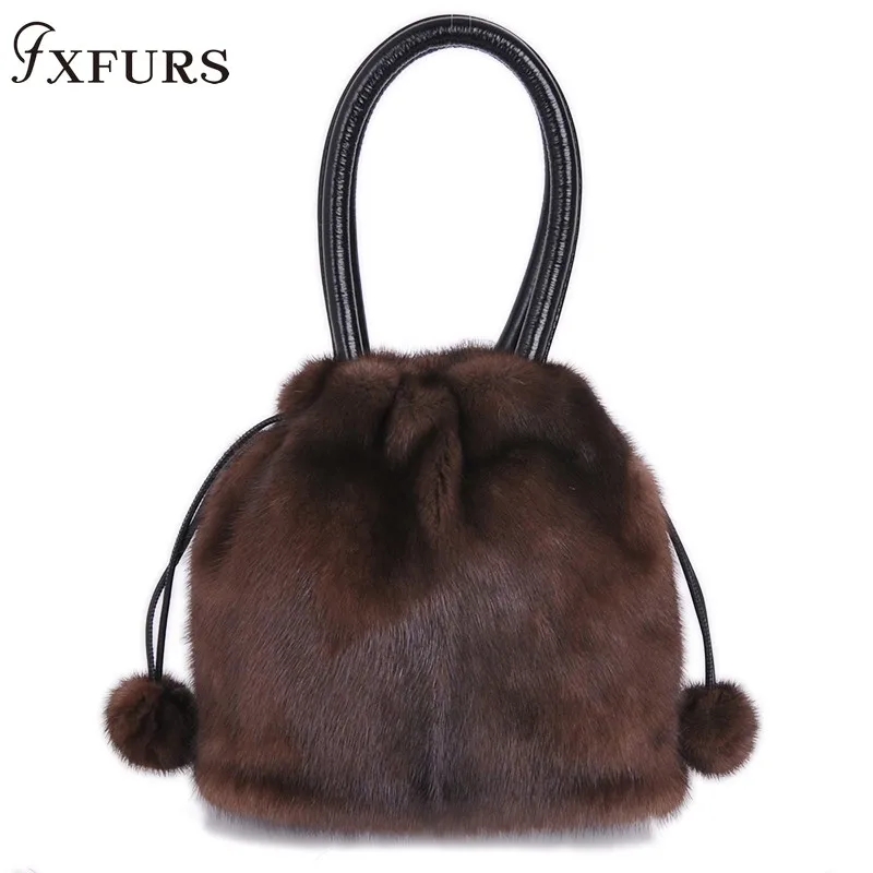 2020 New Arrival Real Fur Bags Made By Whole Pieces Mink Fur Women Luxury Messenger Bags Mink Fur Bucket bag for Female Winter