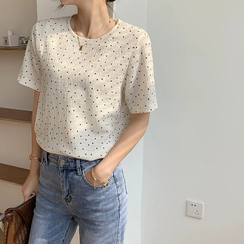 

T Shirt Summer New Fashion Korean Womens Polka Dot Basic Short Sleeve Casual Tops Female O Neck Slim Thin Cotton Tees T-Shirts