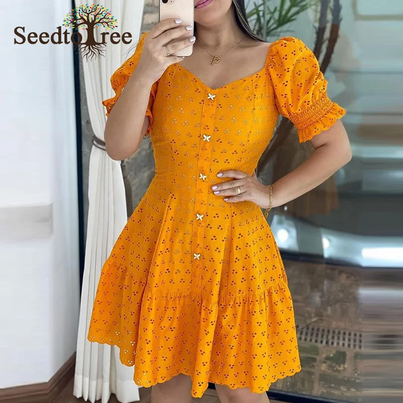 

Puffed Sleeve Hollow Out Summer Dress Women V Neck Sweet Dress