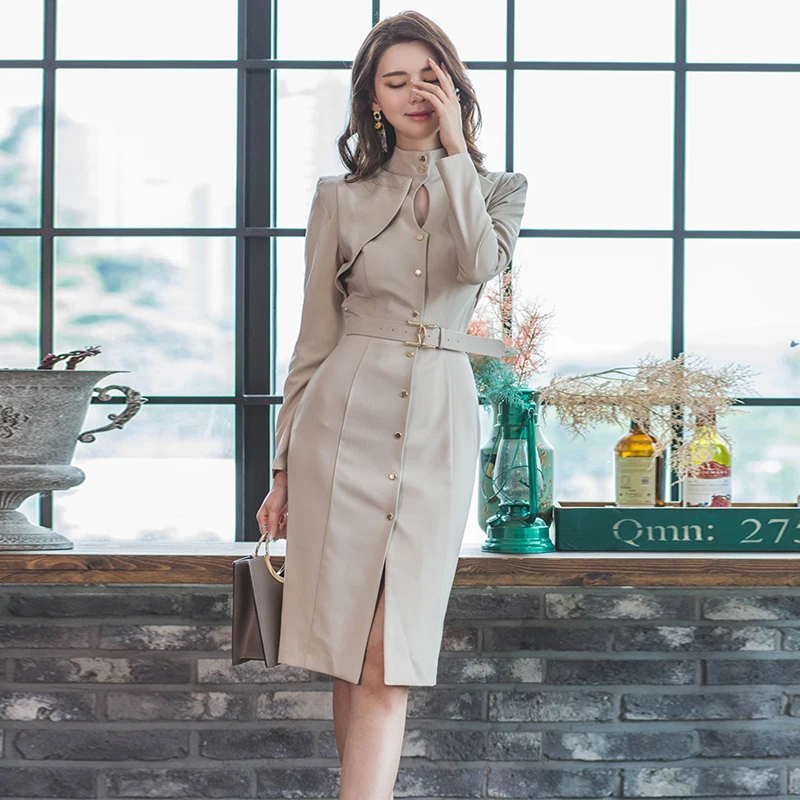 

Autum Korean Elegant Office OL Pencil Dress Women Slim Single-breasted Sheath Dresses Business Work Bodycon Vestidos With Sashes