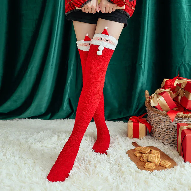 

Christmas Santa Coral Fleece Long Socks Autumn Winter Warm Thigh High Socks Cartoon Elk Soft Plush Thicken Sleep Floor Socks