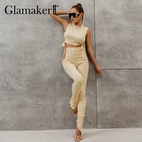 glamaker sexy women apricot pants suits elegant sleeveless cropped top and high waist trousers women suits pleated lace up sets