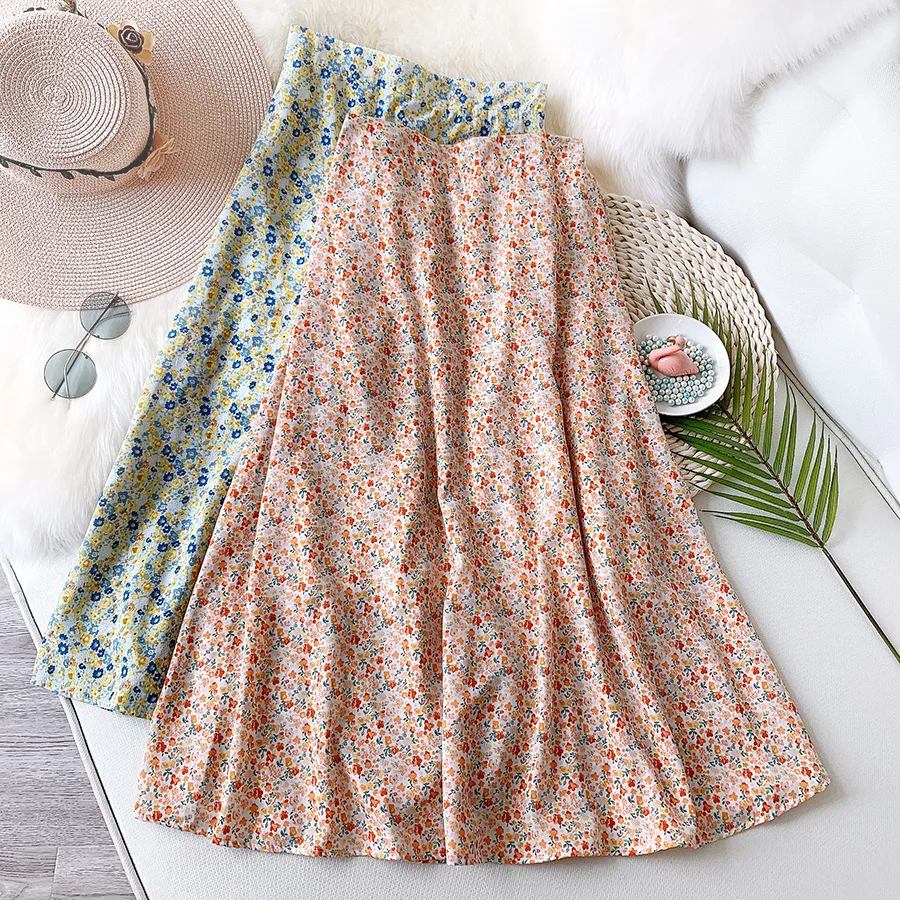 

2021 Spring Summer Floral Skirt Women High Waist Fashion Retro Beach Printed Chiffon Skirt Female Elegant Beach Bohemia Skirt