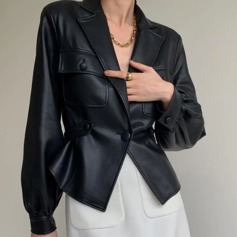 Simple Vintage Leather Suit Jacket Women's Spring2022 New Fashion Single Button Waist Was Thin Solid Color Female Leather Jacket