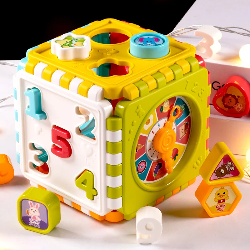 

Montessori Game Baby Activity Cube Shape Match Sorter Box Color Number Clock Math Kit Educational Interactive Toys For Kids Gift