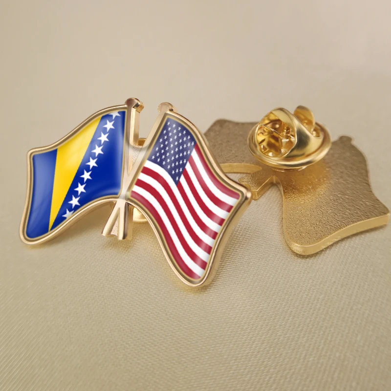 

Bosnia and Herzegovina and United States of America Crossed Double Friendship Flags Lapel Pins Brooch Badges