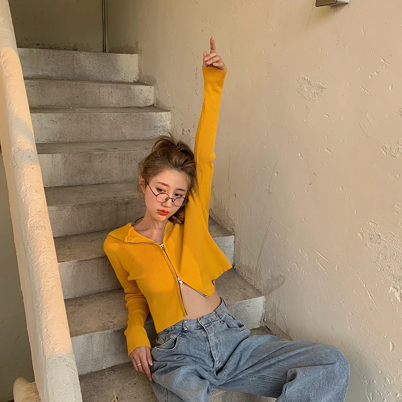 

Ladies crop Top long Sleeve yellow zipper Knitted V-neck Slim spring fall Style Women Cardigans solid hooded Sweaters Fashion