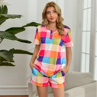 rainbow plaid two piece set home women pant suit o neck t shirt elastic waist sexy shorts summer casual streetwear pants suits