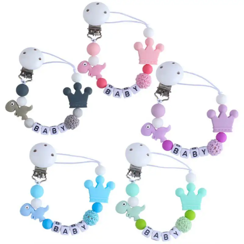 

Цепочка детская силиконовая с короной динозавра и именем ребенка