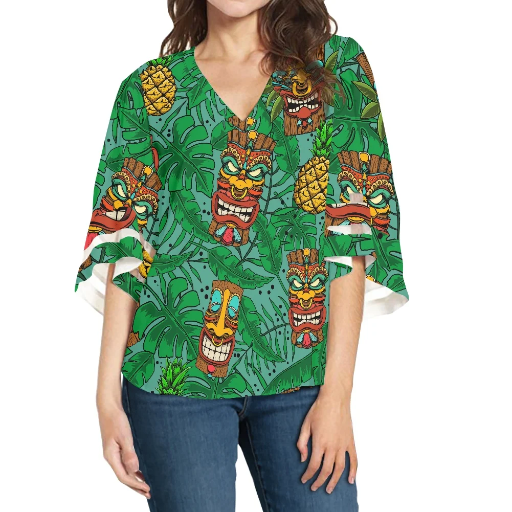 

Tropical Palm Leaf Collage Pattern Blouse Shirts Female Tops Loose Sleeve Casual V-neck 3D Hawaii Tribal Party Blouses Women