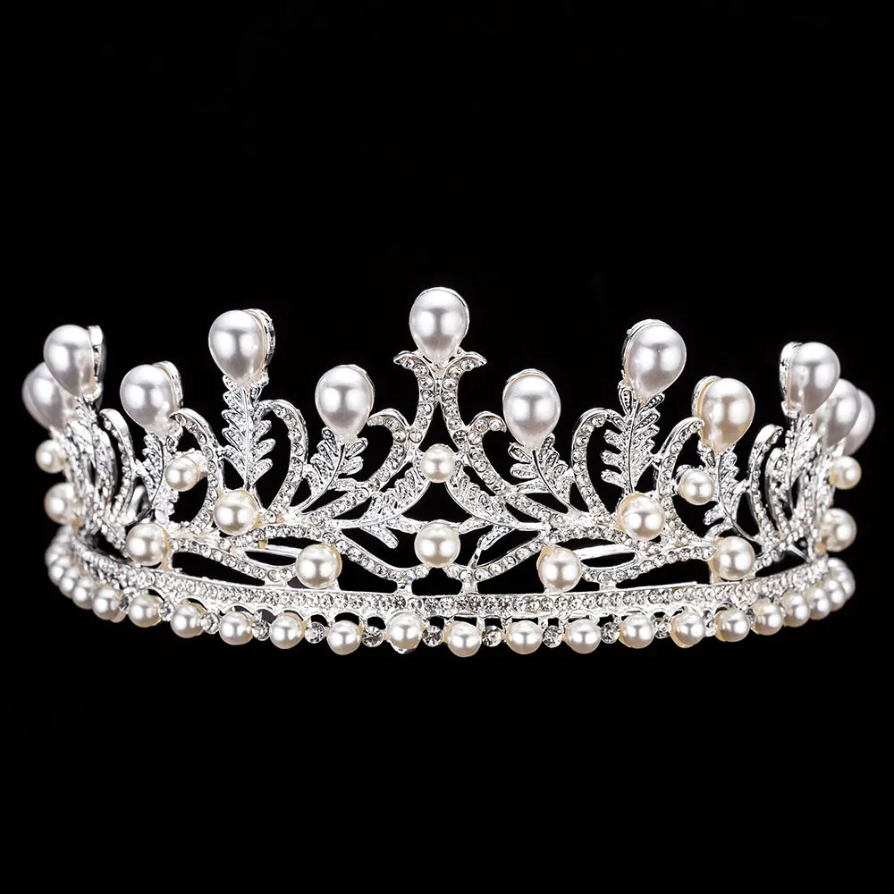 1PCS Crown 5 KMVEXO 3 шт. великолепные жемчужные свадебные комплекты ювелирных изделий для невесты женский костюм невесты Кристальные Тиары Корона ожерелье серьги наборы - Окраска металла: 1PCS Crown 5